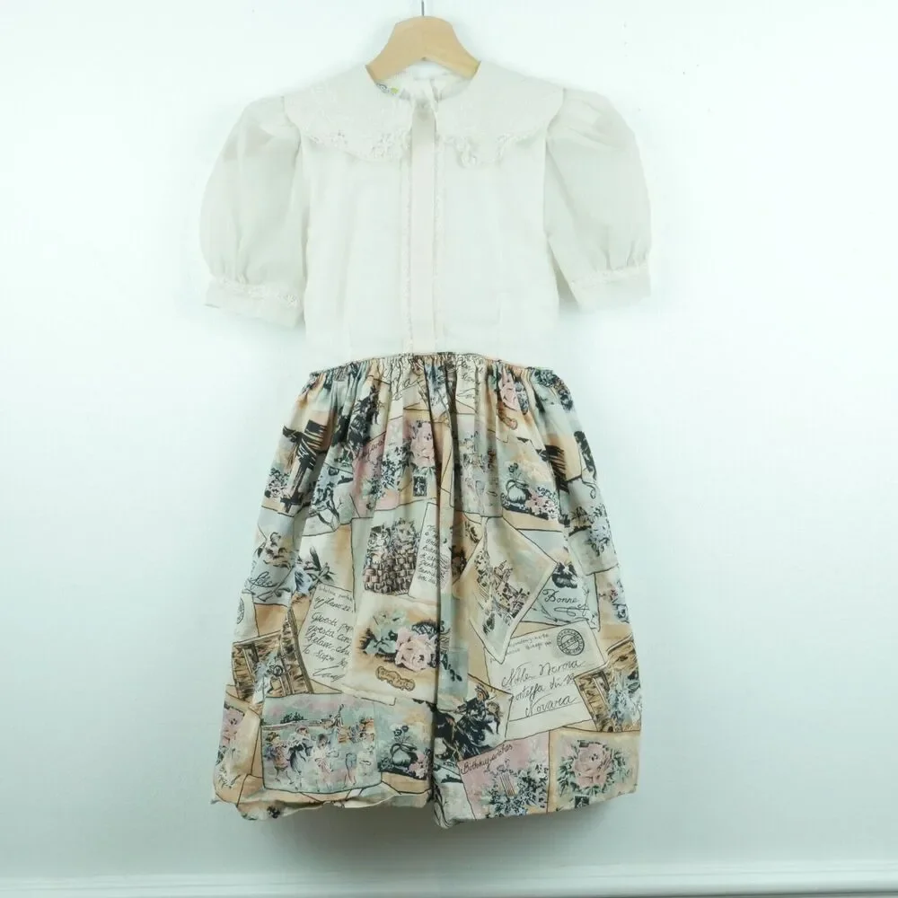 Vintage Girls 8 Dress Easter‎ Novelty Print Cottagecore 90s Party Cat Victorian